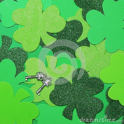 Shamrock Clover Background and Silver Keys. St. Patrick's Day. Stock Photo