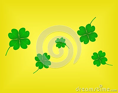 Shamrock leaves isolated on yellow background. Green irish symbol Good Luck. Vector clover set for Saint Patrick's Vector Illustration