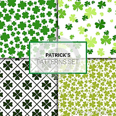 Shamrock Seamless Patterns Set Creative Clover Background For Saint Patricks Day Holiday Vector Illustration