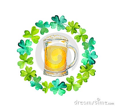 Shamrock wreath with beer pint watercolor raster illustration Cartoon Illustration