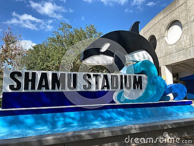 The Shamu Stadium sign outside of the ampitheater at SeaWorld Orlando, Florida Editorial Stock Photo