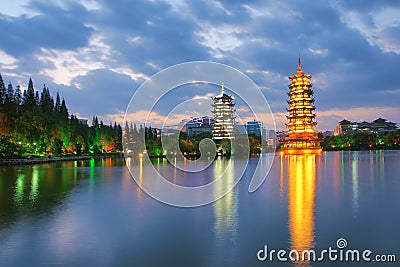 Shan Lake Twin Pagoda Stock Photo