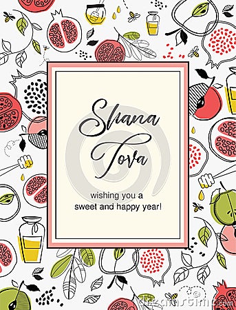 SHANA TOVA CARD, Rosh HaShanah Greeting Card, Jewish New Year. Card with pattern of symbols for Rosh Hashana. Editable Vector Illustration