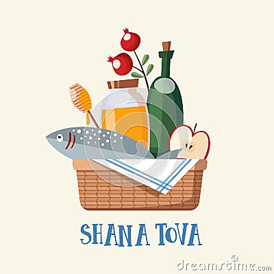 Shana Tova greeting card, invitation with Jewish New Year Rosh Hashana. Bsket with honey, fish and fruit. Vector Vector Illustration