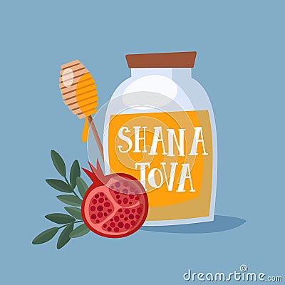 Shana Tova greeting card, invitation for Jewish New Year Rosh Hashanah. Mason jar with honey, and pomegranate fruit Vector Illustration