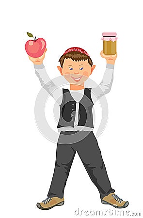 Shana tova,jewish new year,funny boy with apple and honey. Stock Photo