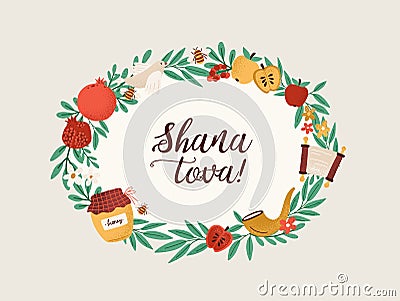 Shana Tova phrase inside round frame made of leaves, shofar horn, torah, honey, berries, apples, pomegranates. Holiday Vector Illustration