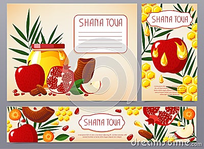 Shana Tova. Set of new year banners with honey, shofar, apple, pomegranate, fish, carrot, palm. Happy New Year in Vector Illustration