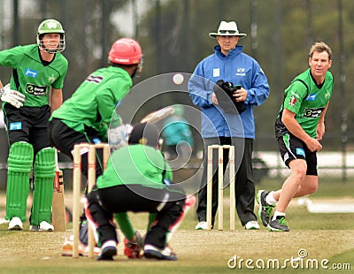 Shane Warne spin bowls opposition batsman when playing locally for the Melbourne Allstars Editorial Stock Photo