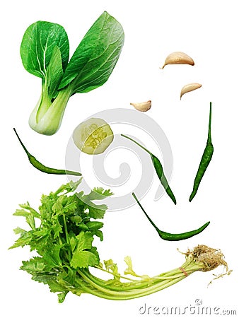 Shanghai Bok Choy, Chinese celery, garlic, cucumber, Chili, celery isolate on white background. Cooking Stock Photo