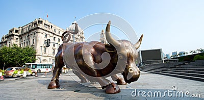 Shanghai Bund Wall Street Bull Editorial Stock Photo