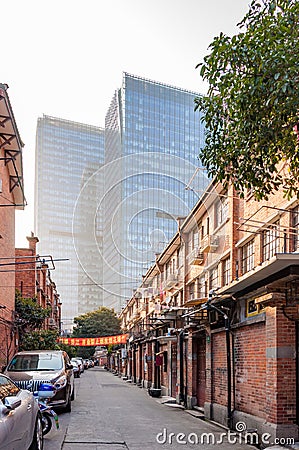 SHANGHAI, CHINA - JANUARY 28, 2017: old building alley in French Editorial Stock Photo