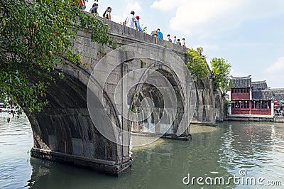 Fangsheng Bridge in Zhujiajiao Ancient Water Town, a historic village and famous tourist destination in Shanghai, China Editorial Stock Photo