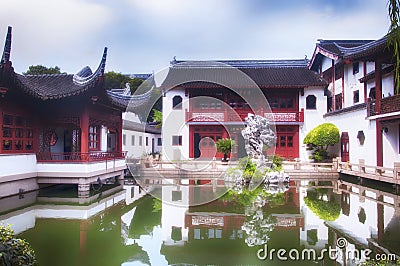 Shanghai confucius temple halls and pond Stock Photo