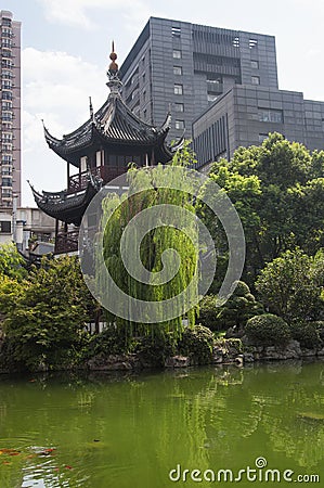 Shanghai confucius temple kui xing pagoda and pond Stock Photo