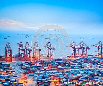 Shanghai container terminal at dusk Stock Photo