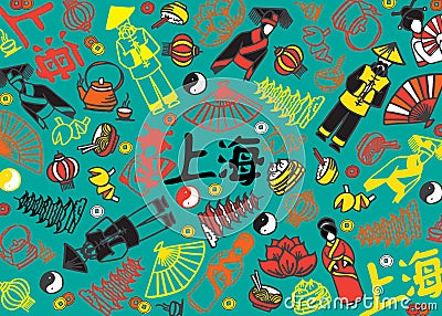 Shanghai doodle illustration. China holiday travel doodle drawing. Modern style Shanghai pattern illustration. Hand Vector Illustration