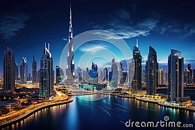 Shanghai Lujiazui Finance and Trade Zone of the modern city, Dubai Panoramic Night View, AI Generated Stock Photo