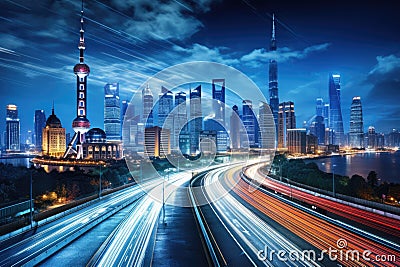 Shanghai Lujiazui Finance and Trade Zone of the modern city night background, Shanghai city skyline and expressway at night,China Stock Photo