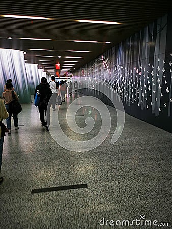 Shanghai Metro transfer tunnel near Hanzhong road station Editorial Stock Photo