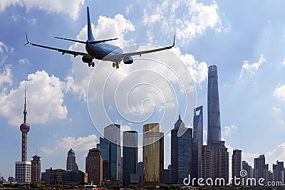 Passenger jet airliner plane arriving or departing Shanghai, China Editorial Stock Photo