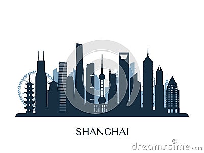 Shanghai skyline, monochrome silhouette. Vector Illustration