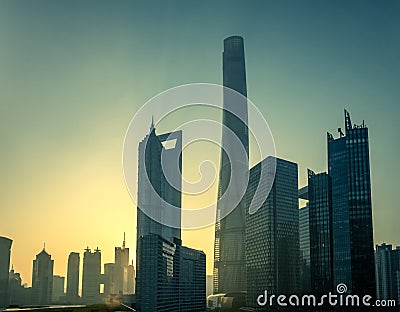 Shanghai skyline at sunrise on a hazy morning. Stock Photo