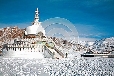 Shanti Stupa also called Japanese Stupa in winter, Leh-Ladakh, Jammu and Kashmir, India Stock Photo