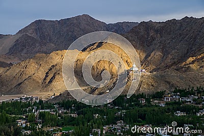 View of Shanti Stupa on a hilltop in Chanspa from Leh Palace in Leh district, Ladakh Stock Photo