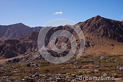 Shanti stupa and view of Leh city with mountain Stock Photo