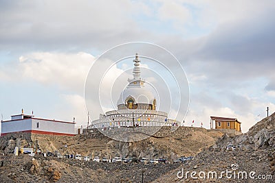 Shanti Stupa,Leh Ladakh.Light and shade from sunset.Blur on fore Stock Photo