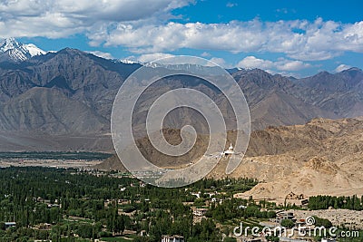 Shanti Stupa with mountain view. Stock Photo