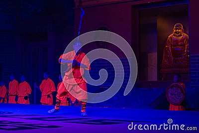 Shaolin Kung Fu Demonstration by young apprentices at the Shaolin Temple Editorial Stock Photo