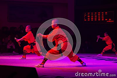 Shaolin Kung Fu Demonstration by young apprentices at the Shaolin Temple Editorial Stock Photo