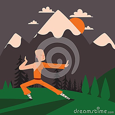 Shaolin monk kung fu master, vector illustration. Traditional oriental fighter training in mountains. Kung fu warrior Vector Illustration