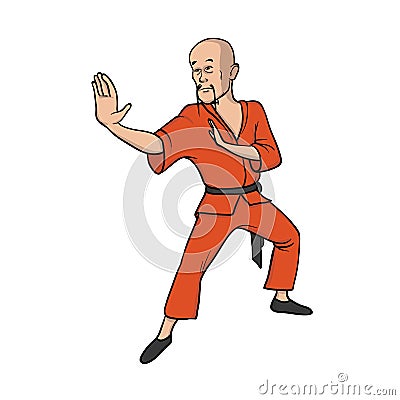 Shaolin monk practicing kung fu. Martial art. Vector illustration, isolated on white. Vector Illustration