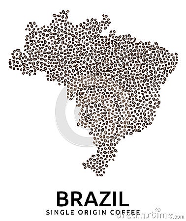 Shape of Brazil map made of scattered coffee beans, country name below Vector Illustration