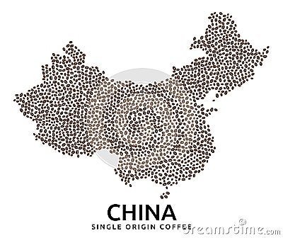 Shape of China map made of scattered coffee beans, country name below. Vector Illustration