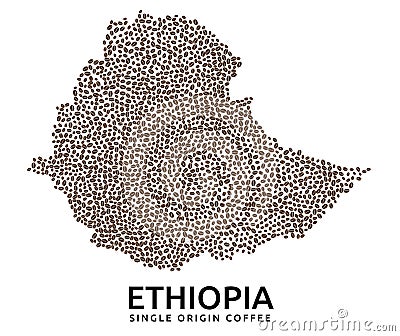 Shape of Ethiopia map made of scattered coffee beans, country name below Vector Illustration