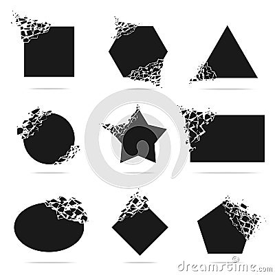 Shape explosion. Destructive shapes, shatter triangle, square, round. Isolated debris, motion crack or geometric black Vector Illustration