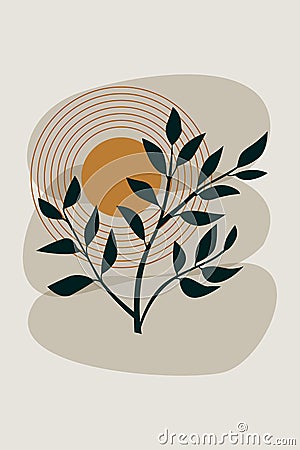 Shape Green Boho Leaf Plant Sun Minimalist Printed Wall Art Geometric Abstract Print Bohemian Art work, vector crescent, poster Vector Illustration