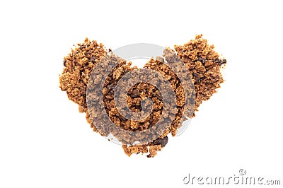 The shape of a heart pile with crumbs from chocolate chip cookies isolated on white background Stock Photo