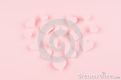 Shape heart of pink paper flying hearts on soft pink color background. Valentines day design. Stock Photo