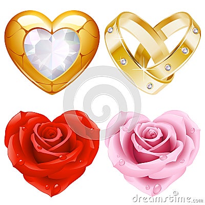 Shape of heart set 4. Golden jewellery and roses Vector Illustration