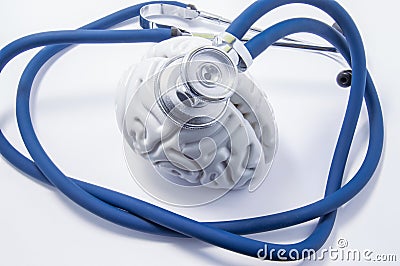 Shape of human brain as organ, which is head of stethoscope. Pic for protection, research, diagnosis and treatment of brain from n Stock Photo