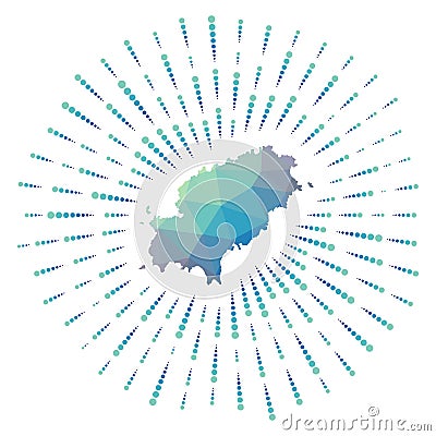 Shape of Ibiza, polygonal sunburst. Vector Illustration