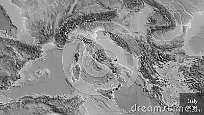 Shape of Italy with regional borders. Grayscale. Labels Stock Photo