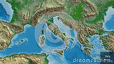 Shape of Italy with regional borders. Physical. Labels Stock Photo