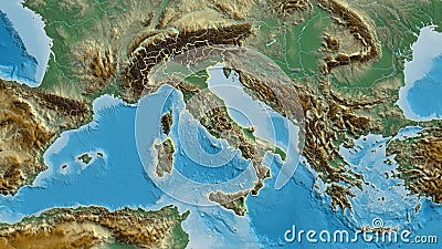 Shape of Italy with regional borders. Relief. Stock Photo