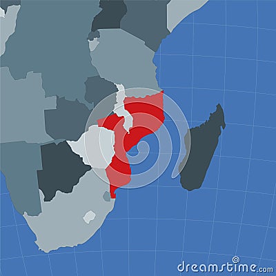 Shape of the Mozambique in context of neighbour. Vector Illustration